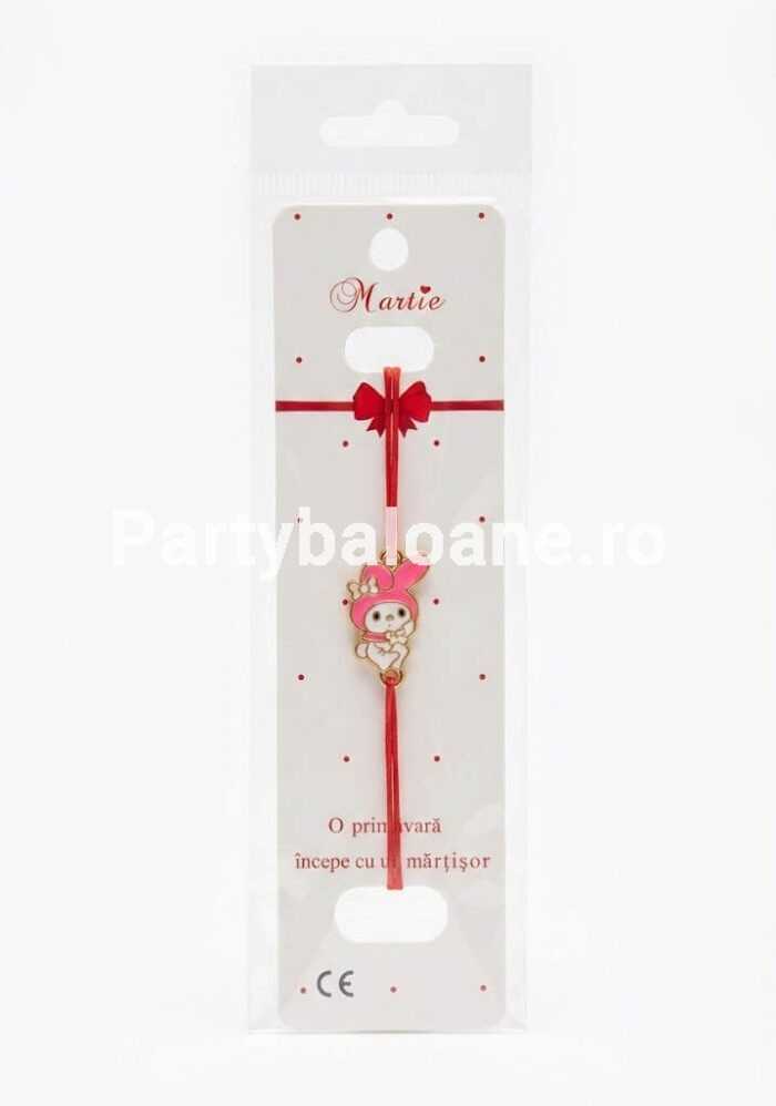 Brățară Mărțișor Sanrio My Melody – Cadou Dulce de 1 Martie pentru Fetițe – Șnur Reglabil Bratara martisor cu personajul My Melody Sanrio pe snur rosu reglabil cadou 1 Martie