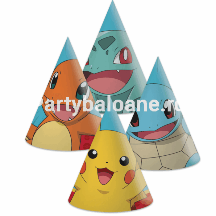 Coifuri Party Pokémon (Set 6 buc) - Accesorii Petrecere Pikachu & Co. Set 6 coifuri party din carton cu design Pokémon Pikachu Charmander Bulbasaur Squirtle pentru aniversari copii.