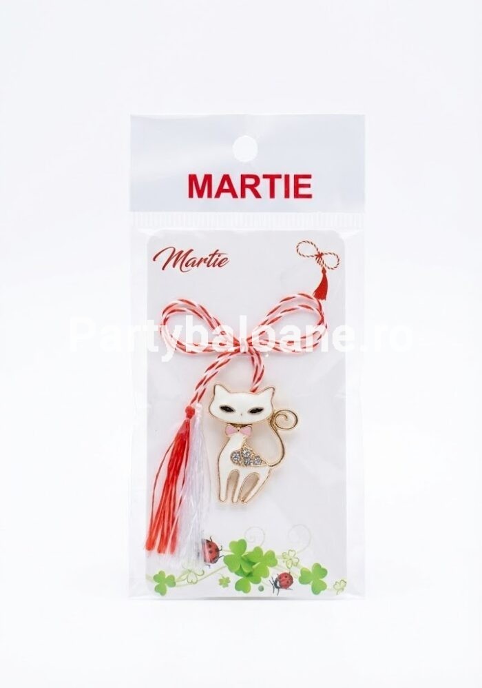 Mărțișor broșă pisică albă cu fundiță roz, metalic cu email, dimensiune 2.5 cm, pe cartonaș cu șnur alb-roșu.