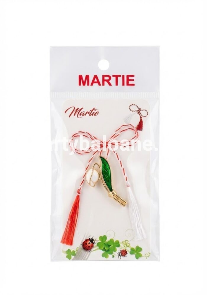 Mărțișor broșă ghiocel, vestitorul primăverii, metalic cu email, dimensiune 2.5 cm, pe cartonaș cu șnur alb-roșu.