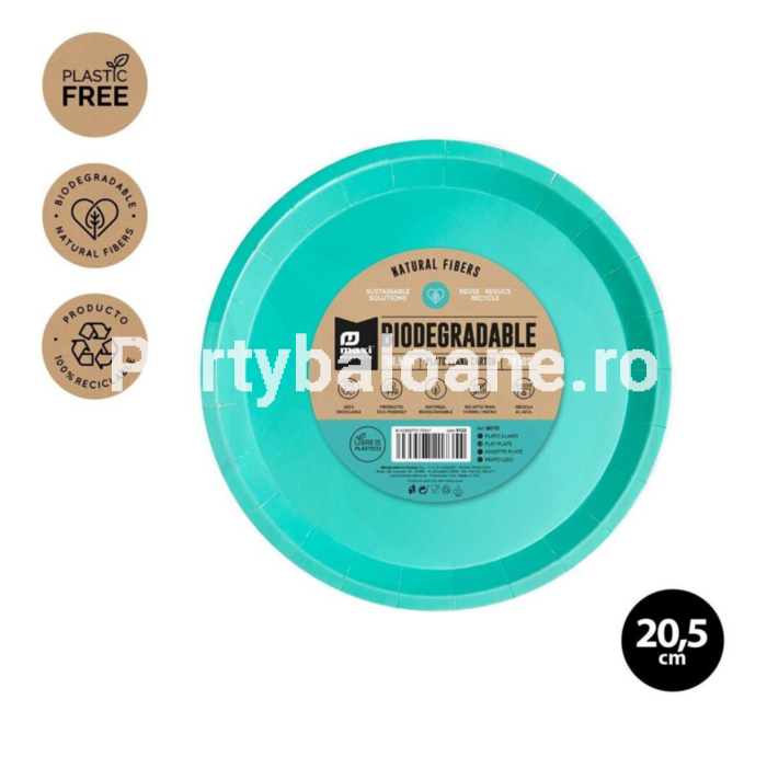Farfurii Carton Verde Mentă (Set 10 buc) - Decor Masă 20.5cm Set 10 farfurii rotunde din carton culoare verde menta diametru 20.5 cm fara plastic biodegradabile pentru petreceri.