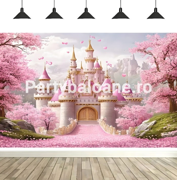 Fundal Foto Castel de Basm – Decor Flori Cireș Fundal foto textil petrecere tema castel de poveste roz, alee cu petale si peisaj cu flori de cires (sakura) si munti.