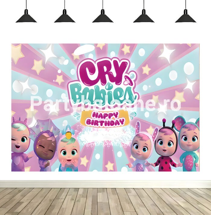 Fundal Foto Cry Babies Fundal foto textil aniversare tematica Cry Babies cu personajele bebelusi in costume (Lady, Lala, Coney, Dotty, Nala), stele si textul Happy Birthday.