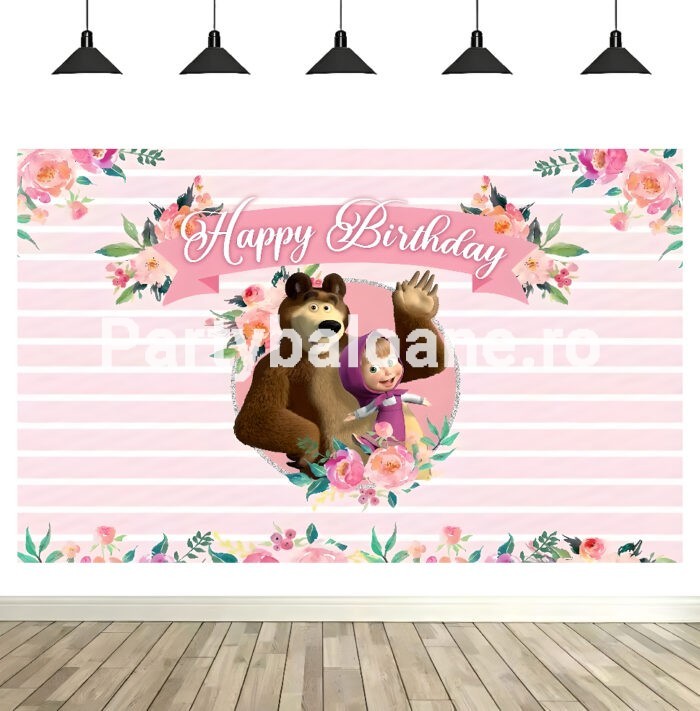 Fundal Foto Mașa și Ursul – Decor Aniversare Floral Fundal foto textil aniversare tematica Masa si Ursul, decor floral roz, dungi orizontale si banner Happy Birthday.