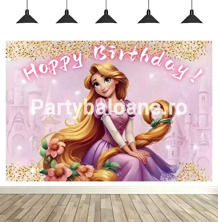Fundal Foto Rapunzel – Decor Aniversare Fundal foto textil aniversare tematica Rapunzel cu printesa cu par lung, castel de fundal, sclipici auriu si textul Happy Birthday!.