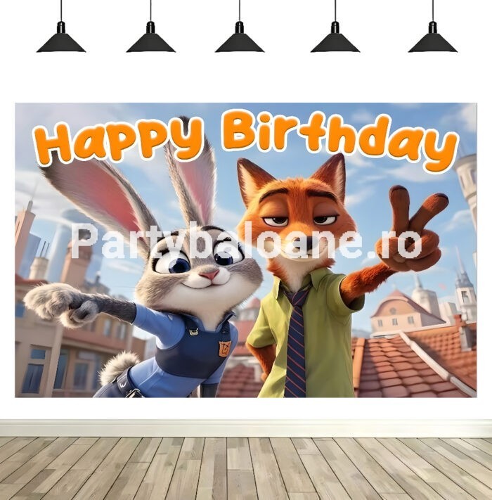 Fundal Foto Zootopia Fundal foto textil aniversare tematica Zootopia (Zootropolis) cu personajele Judy Hopps și Nick Wilde și textul Happy Birthday.