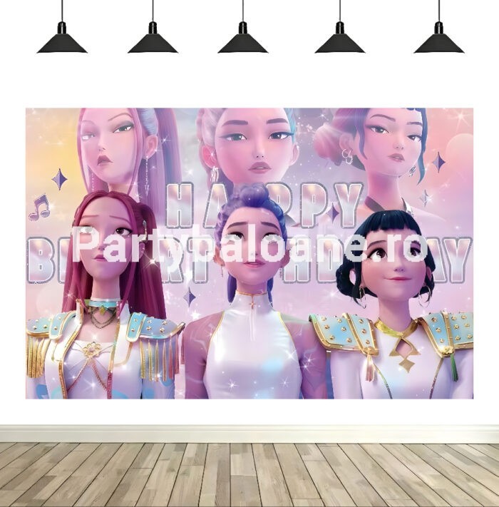 Fundal K-Pop Demon Hunters Fundal foto textil aniversare tematica K-Pop Demon Hunters cu personajele Zoey, Mira, Rumi si textul Happy Birthday.