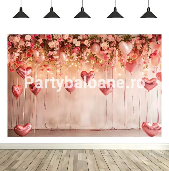 Fundal Textil Inimi si Flori Fundal foto textil decor romantic cu baldachin bogat de flori roz și crem și baloane metalice în formă de inimă roz, pentru nunți și evenimente.