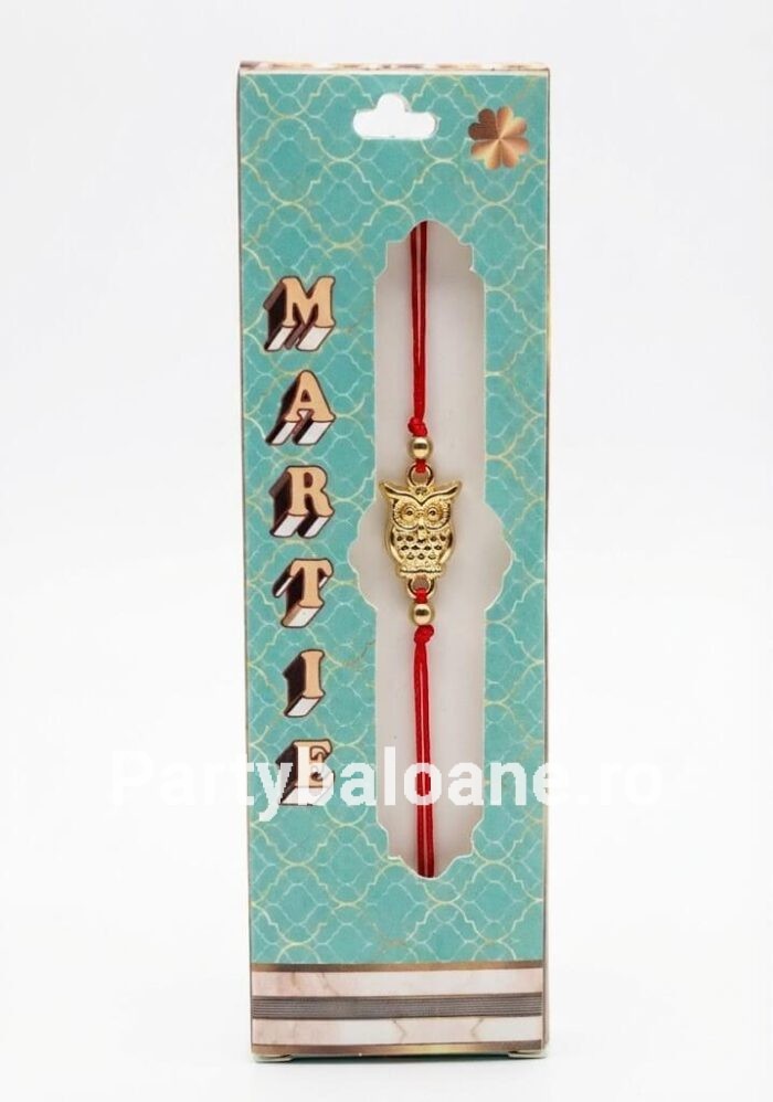 Mărțișor Brățară Bufniță Aurie – Cadou Elegant și Simbolic de 1 Martie Bratara martisor cu pandantiv bufnita aurie metalica si snur rosu reglabil in ambalaj festiv turcoaz