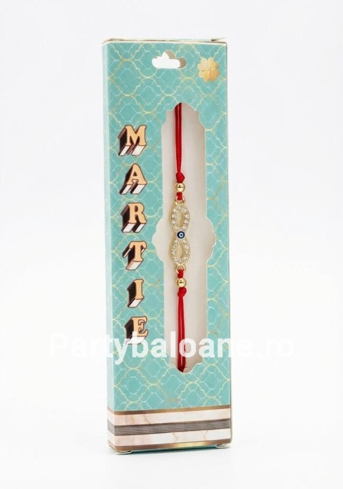 Mărțișor Brățară Infinit cu Ochi Norocos – Cadou Premium de 1 Martie Bratara martisor cu pandantiv simbol infinit auriu cu cristale si ochi norocos pe snur rosu in cutie eleganta