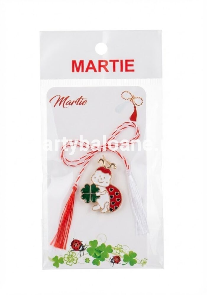 Mărțișor broșă buburuză simpatică cu trifoi verde, metalic cu email, dimensiune 2.5 cm, pe cartonaș cu șnur alb-roșu.