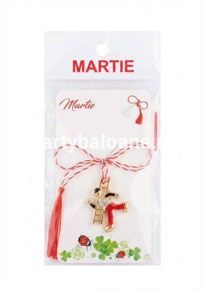 Mărțișor broșă coșar norocos cu scară, metalic, dimensiune 2.5 cm, pe cartonaș cu șnur alb-roșu.