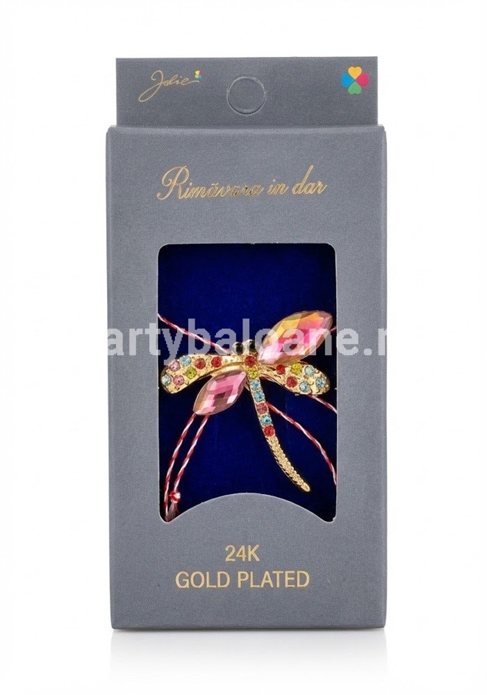 Mărțișor Broșă Libelulă Aur 24K și Cristale Roz - Cadou Premium