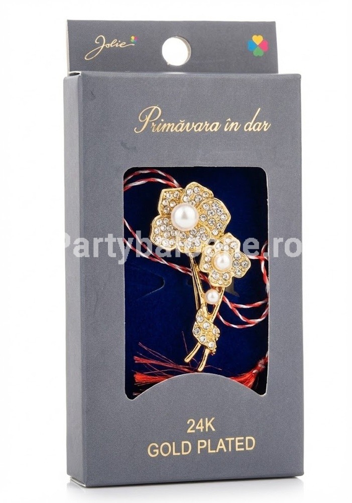 Mărțișor Broșă Floare Aur 24K și Perle