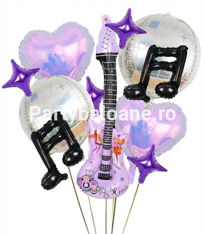 Set 12 Baloane K-POP Demon Hunters Mov - Tematică Muzică & Disco Set 12 baloane folie tematica muzica K-POP Demon Hunters mov cu chitara note muzicale si sfere disco pentru petrecere.