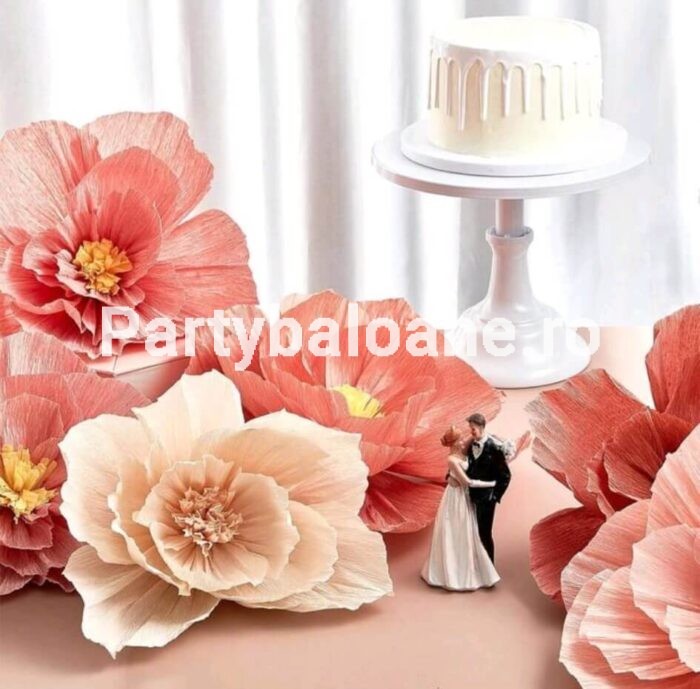 Set 4 Flori Hârtie Mătase Alb & Roz (25-30 cm) - Decor Nuntă & Botez Set 4 flori mari hartie de matase culori alb si roz 25-30 cm pentru decoratiuni nunta botez petrecere