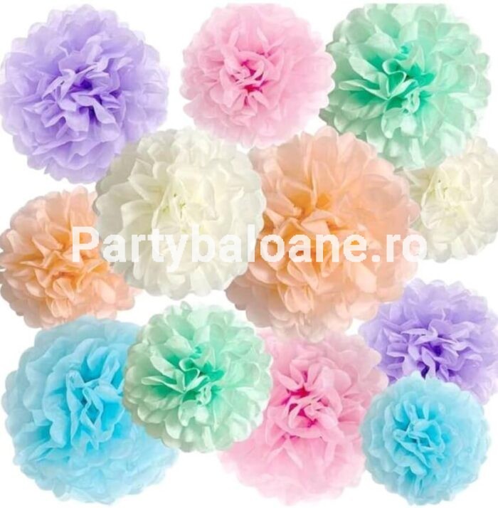 Set 6 Pom-Pom Hârtie Mătase Pastelate (15 cm) - Decoratiuni Nunta & Botez Set 6 pom-pom hartie de matase culori pastelate 15 cm pentru decoratiuni nunta botez petrecere