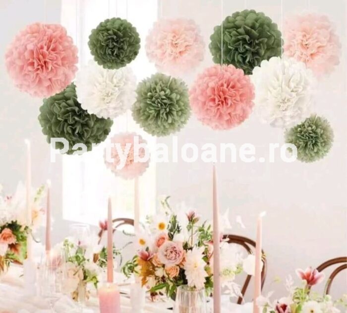 Set 6 Pom-Pom Hârtie Mătase Roz & Verde (15 cm) - Decor Nuntă & Botez Set 6 pom-pom hartie de matase culori roz si verde 15 cm pentru decoratiuni nunta botez petrecere