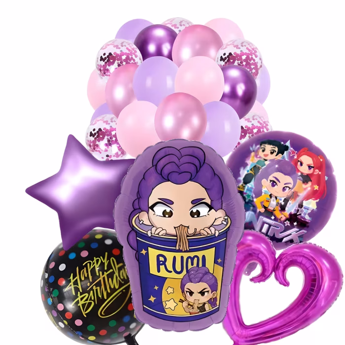 Set Baloane K-POP Demon Hunters (30 buc) - Decorațiuni Folie și Latex Aniversare Set 30 baloane folie si latex K-POP Demon Hunters cu balon gigant personaj sfera Orbz stea inima si baloane confetti pentru aniversare