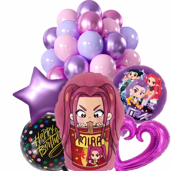 Set Baloane K-POP Demon Hunters Mira – Decor Aniversare Tematic 25 buc Set complet baloane aniversare tema K-POP Demon Hunters cu personaj gigant mira sfera Orbz Happy Birthday stea inima si baloane latex mov roz chrome