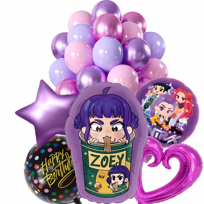Set Baloane K-POP Demon Hunters Zoey – Decor Aniversare Tematic 25 buc Set complet baloane aniversare tema K-POP Demon Hunters cu personaj gigant Zoey sfera Orbz Happy Birthday stea inima si baloane latex mov roz chrome