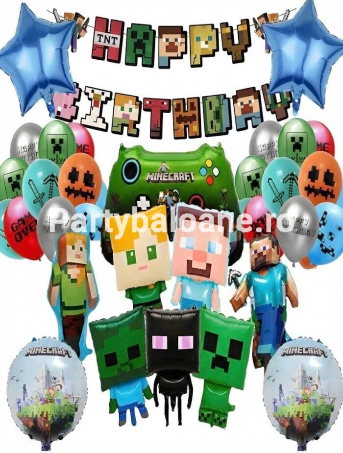 Set Baloane Minecraft (37 piese) - Kit Aniversare Personaje & Banner Set complet 37 piese baloane Minecraft cu banner Happy Birthday personaje Steve Creeper si baloane latex pentru petrecere copii