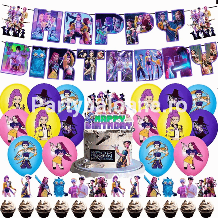 Set Kpop Demon Hunters – Kit Petrecere 30 Piese Baloane, Banner, Decor Tort Set complet accesorii petrecere tematica Kpop Demon Hunters continand 30 piese: banner Happy Birthday carton, 16 baloane latex imprimate, topper tort mare si 12 scobitori briose.