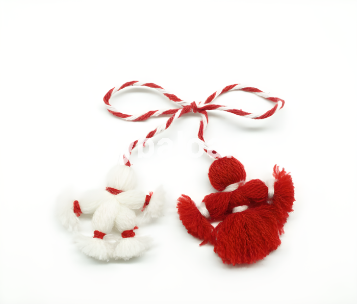 Șnur mărțișor cu două figurine textile (păpuși) handmade alb-roșii, lungime 4 cm.