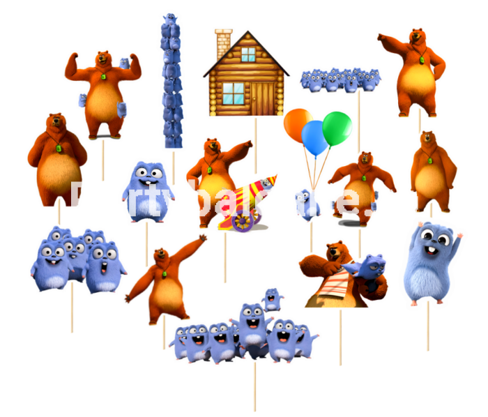 Toppere Tort Grizzly și Lemingii - Set 16 Decorațiuni Carton Set 16 toppere tort din carton cu personajele Grizzly și Lemingii pe bețe de bambus pentru decorare deserturi copii.