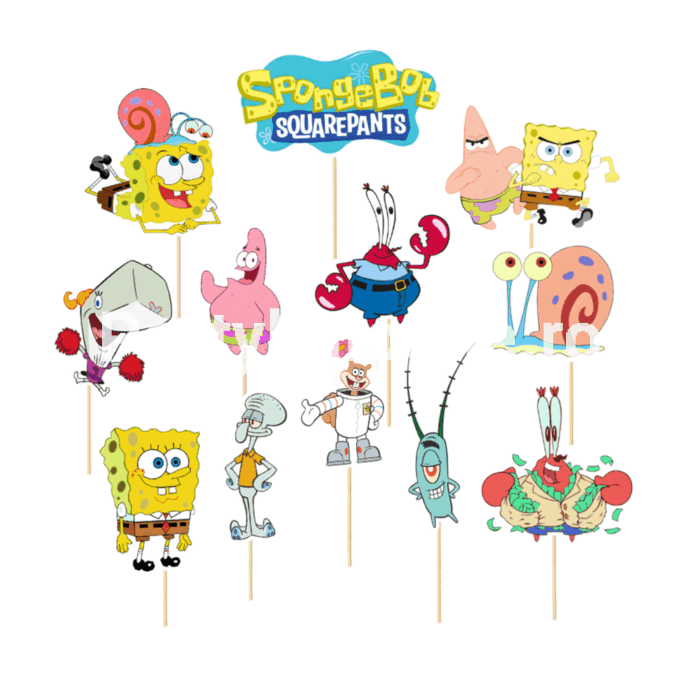 Toppere Tort SpongeBob (Set 12 buc) - Decorațiuni Petrecere Bikini Bottom Set 12 toppere tort SpongeBob cu Patrick Sandy Dl Krabs si personaje Bikini Bottom pentru decoratiuni petrecere copii