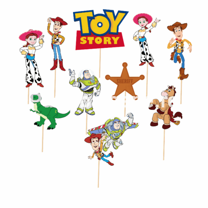 Toppere Tort Toy Story (Set 10 buc) - Decorațiuni Aniversare Woody & Buzz Set 10 toppere tort Toy Story cu Woody Buzz Jessie si personaje pentru decoratiuni petrecere copii