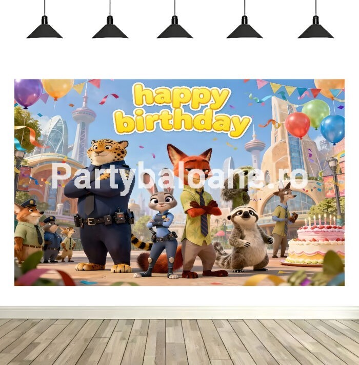 Fundal Foto Zootopia Fundal foto textil aniversare tematica Zootopia (Zootropolis) cu personajele Judy Hopps și Nick Wilde și textul Happy Birthday.