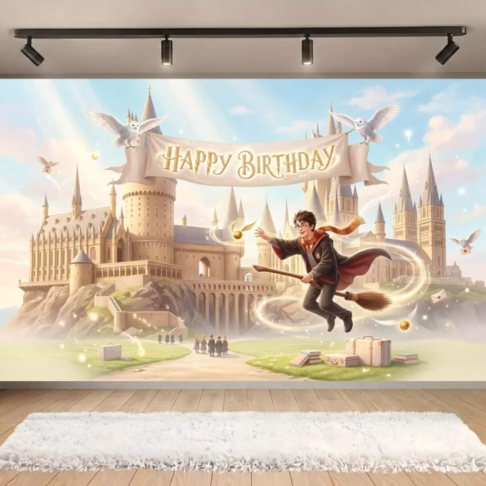 Background Textil Harry Potter pentru Arcadă Foto – Decor Premium Mat (160x100 cm) COD 647B Background Harry Potter din material textil mat pentru petreceri, ilustrand castelul Hogwarts, un vrajitor pe matura zburatoare, bufnite cu scrisori si un banner cu mesajul Happy Birthday.