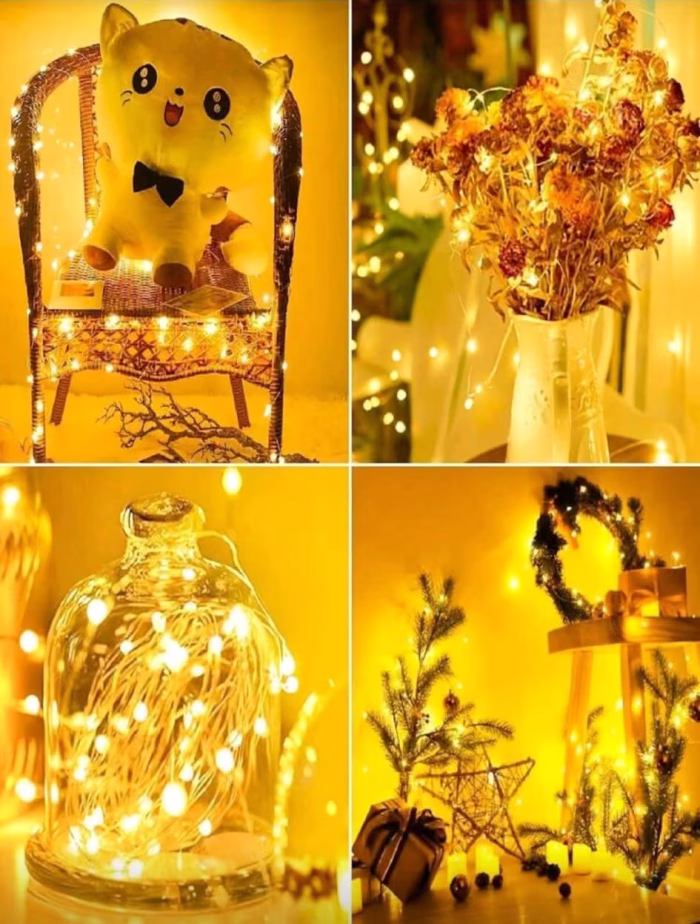 Instalație LED Galben 1m cu Baterii 3 Moduri de Lumină Instalație LED pe fir flexibil emițând lumină galbenă alb cald, decorând o jucărie de pluș, o vază cu flori uscate și o sticlă decorativă.