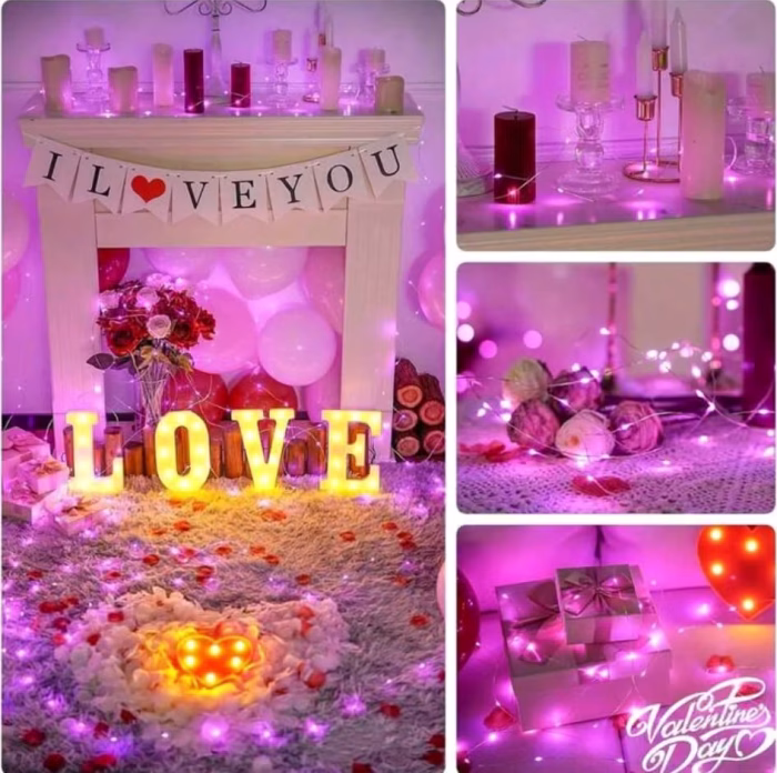 Instalație LED Roz 1m cu Baterii Incluse Decor Romantic Instalație LED roz luminoasă de 1 metru decorând un șemineu, litere luminoase LOVE și cadouri pentru un decor romantic.