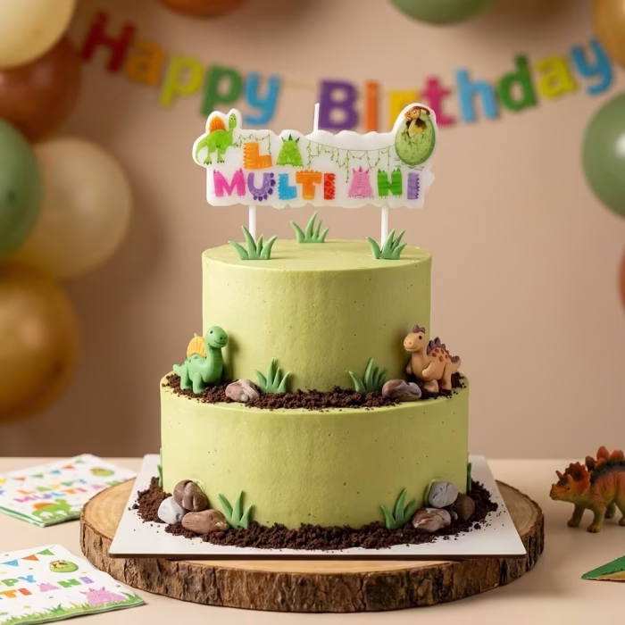 Lumânare Tort La Mulți Ani Dinozauri (9x7 cm) Decor Aniversare Băieți Tort aniversar verde pe doua etaje, decorat in stil jurasic cu pamant din ciocolata, pietre din fondant, frunze si mici figurine dinozaur. In varful tortului este infipta o lumanare din ceara tip placuta (9x7 cm) cu mesajul multicolor La Multi Ani, decorata cu un dinozaur si un ou din care iese un pui. Fundalul include o ghirlanda Happy Birthday si baloane in nuante pamantii.