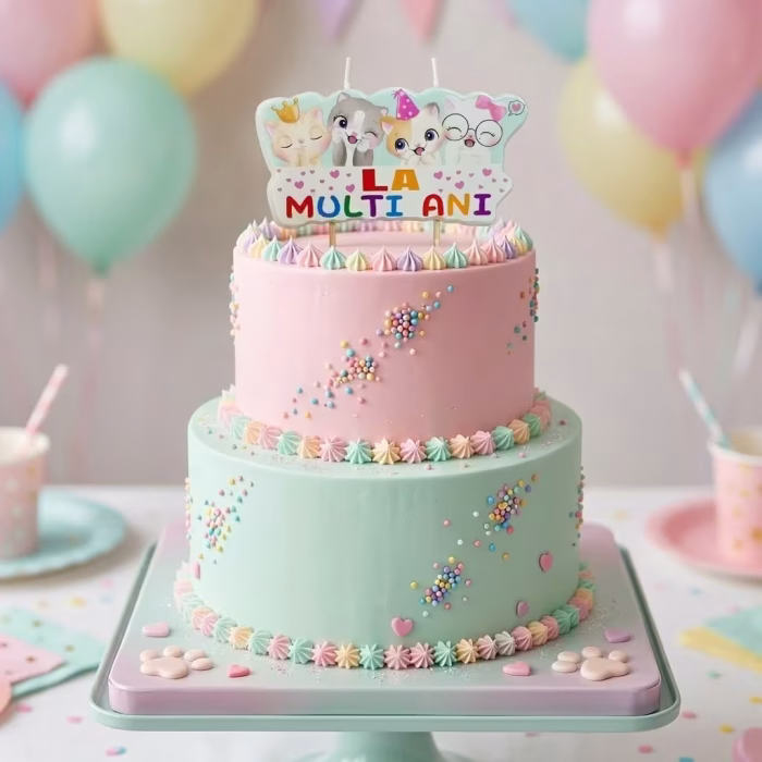 Lumânare Tort La Mulți Ani Pisicuțe (9x7 cm) Decor Aniversare Fete Tort etajat in culori pastelate roz si menta, decorat cu amprente de labute din martipan. In varful tortului se afla o lumanare tip placuta (9x7 cm) din ceara, avand ilustrate 4 pisicute adorabile si mesajul multicolor La Multi Ani. Lumanarea are doua fitiluri albe. In fundal se vad baloane pastelate roz, bleu si galben.