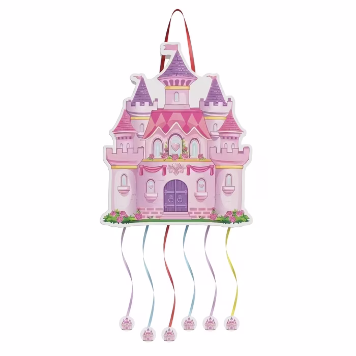 Pinata Castel Prințese Pliabilă (45x38 cm) Joc Petrecere Fete Pinata pliabila din carton in forma de castel pentru petreceri fete. Design de basm in culori pastelate roz si mov, ilustrand un palat cu turnuri, ferestre si trandafiri. In partea de jos atarna 6 panglici decorative cu medalioane in forma de castel.