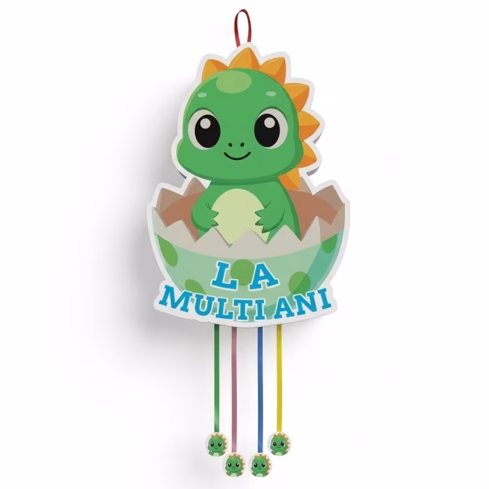 Pinata Dinozaur Pliabilă La Mulți Ani (48x35 cm) Joc Petrecere Copii Pinata pliabila din carton pentru petreceri copii. Imaginea ilustreaza un pui de dinozaur verde, prietenos, iesind dintr-un ou patat, alaturi de mesajul albastru La Multi Ani. In partea de jos atarna panglici decorative cu medalioane dinozaur.