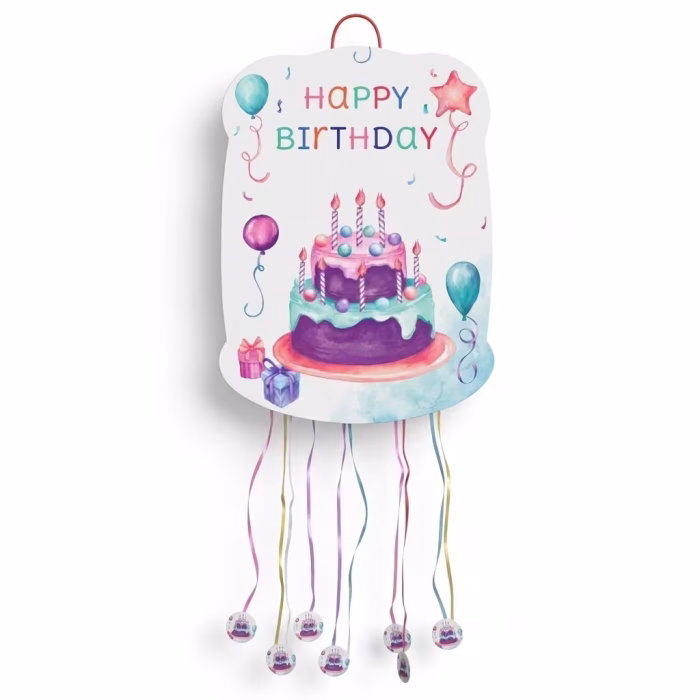 Pinata Tort Pliabilă Happy Birthday (50x35 cm) Joc Petrecere Pinata pliabila din carton in forma unui tort etajat pentru aniversari. Design tip acuarela in culori pastelate, cu ilustratia unui tort cu lumanari, baloane, cadouri si mesajul Happy Birthday. In partea inferioara atarna 8 panglici decorative.