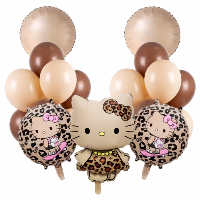 Set 15 Baloane Hello Kitty Leopard, Bej si Maro (Folie si Latex) Un set modern de 15 baloane pentru petreceri fetițe cu tematica Hello Kitty Boho Chic. Pachetul contine central un balon gigant din folie cu Hello Kitty purtand un imprimeu leopard. In jurul ei sunt 2 baloane rotunde cu animal print, 2 baloane rotunde simple de culoare bej si 10 baloane din latex asortate in nuante pamantii de maro ciocolatiu si bej nude. Ideal pentru aniversari elegante si petreceri tematice Wild One.