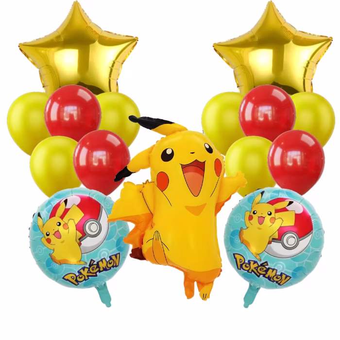 Set 15 Baloane Pokemon Pikachu, Folie si Latex (Piesa Centrala 71x56 cm) Un set complet de 15 baloane colorate pentru petreceri copii cu tematica Pokemon. Pachetul contine in centru un balon gigant din folie reprezentandu-l pe Pikachu vesel. Acesta este incadrat de 2 baloane folie rotunde cu fundal bleu si grafica cu Pikachu si Pokeball, 2 baloane din folie sub forma de stele aurii si 10 baloane din latex asortate in culorile rosu si galben. Ideal pentru aranjamente tip buchet sau decor de perete.