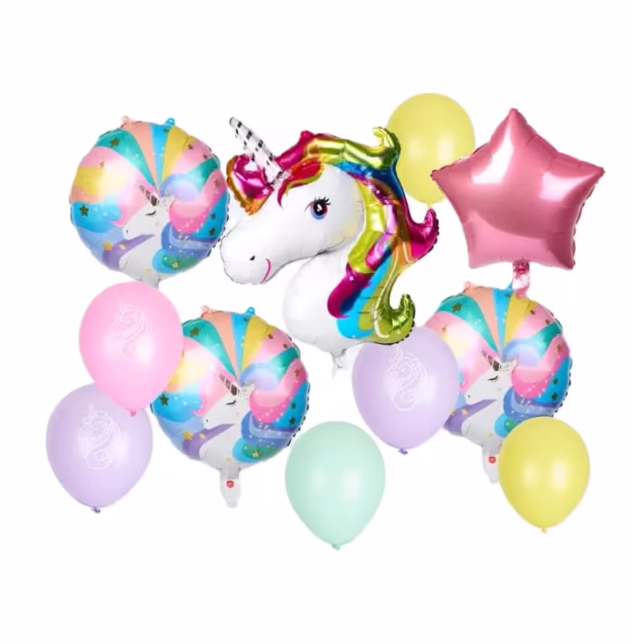 Set 15 Baloane Unicorn Folie și Latex Decor Petrecere Fete Set complet de 15 baloane pentru petreceri fete cu tematica unicorn. Pachetul ilustreaza un cap de unicorn gigant din folie cu coama curcubeu, baloane rotunde cu imprimeu, o stea roz din folie si baloane din latex in nuante pastelate (roz, lila, menta, galben).