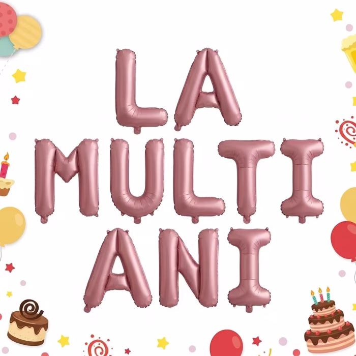 Set Baloane Litere La Mulți Ani Roz Pastel (35 cm) Banner Folie Ghirlanda din baloane folie metalizata pentru petreceri fete. Imaginea prezinta mesajul in limba romana La Multi Ani, format din 10 litere individuale roz pastel pudrat, cu inaltimea de 35 cm, aranjate pe trei randuri, pe un fundal decorativ cu tort si confeti.