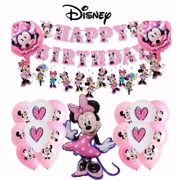 Set Complet Petrecere Minnie Mouse (Baloane, Banner, Toppere Tort) Set complet de decoratiuni pentru petrecere Minnie Mouse roz. Pachetul include un banner Happy Birthday din carton, un balon folie figurina Minnie, 2 baloane rotunde folie, 18 baloane latex roz si albe cu imprimeu si 12 scobitori decorative pentru briose.
